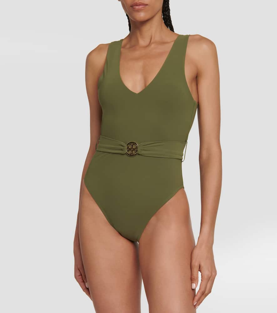 Shop Tory Burch Miller Belted Swimsuit In Dark Olive Green