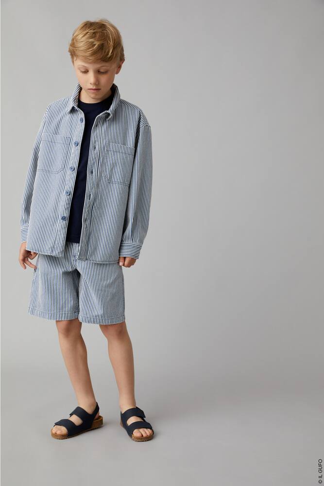 Shop Il Gufo Striped Cotton And Linen Overshirt In Blue