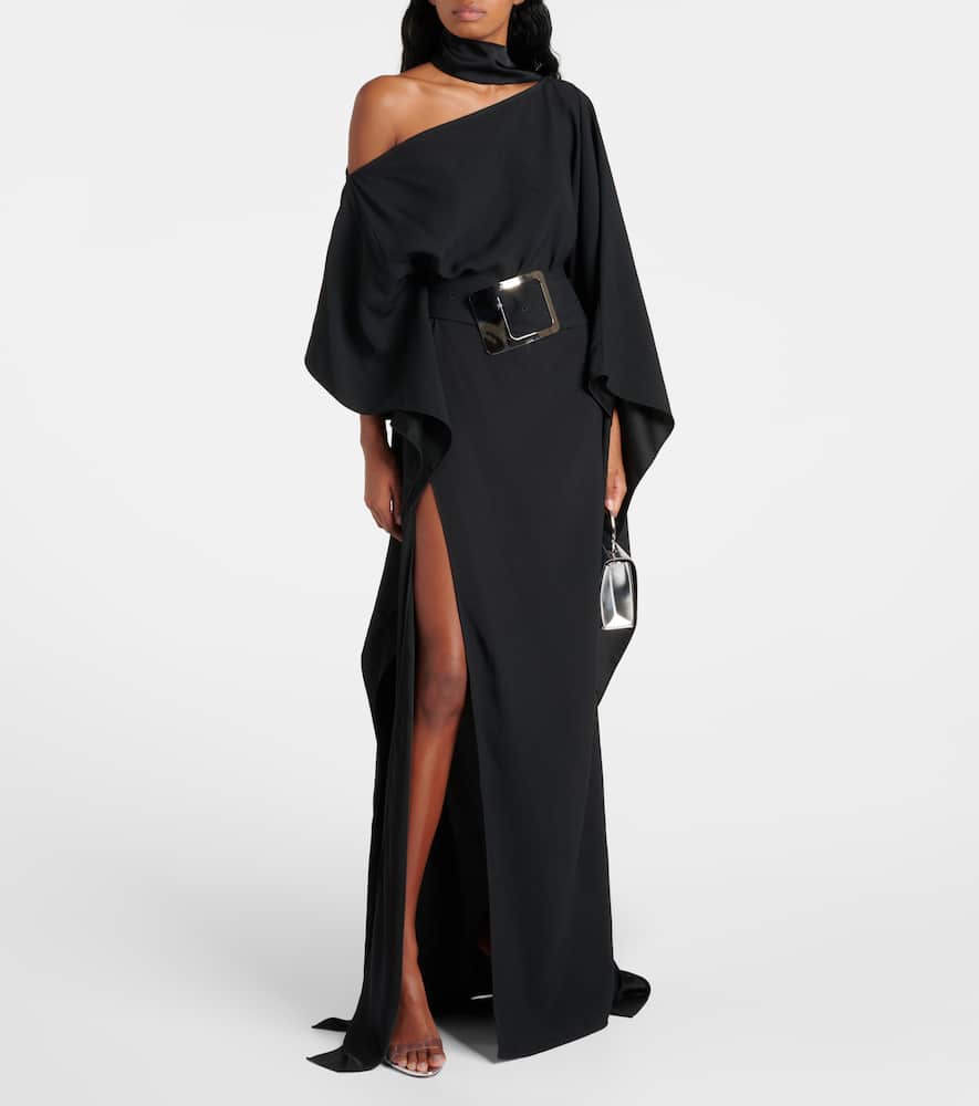 Taller Marmo Taylor Asymmetric Belted Crepe Maxi Dress In Black