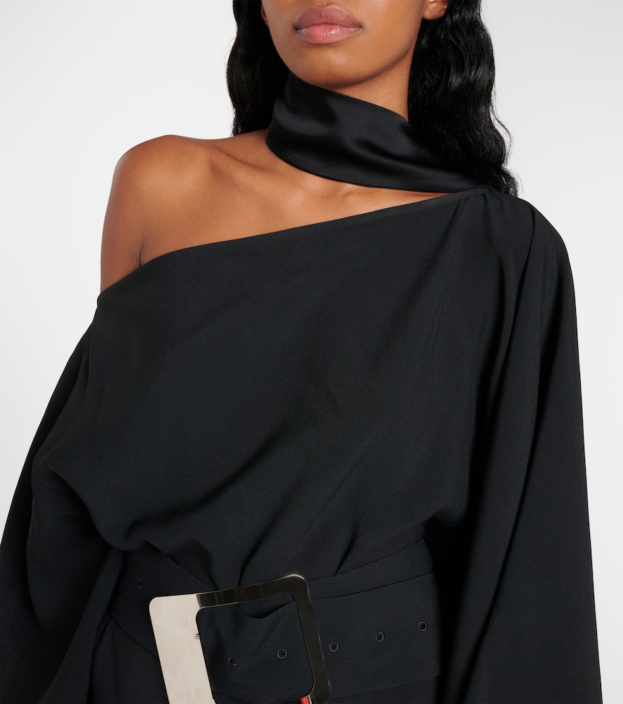 Taller Marmo Taylor Asymmetric Belted Crepe Maxi Dress In Black