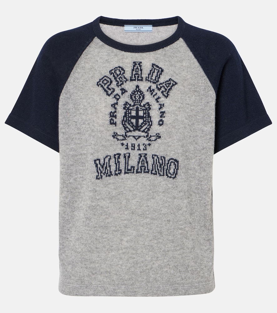 Prada Logo Intarsia Knit Top In Grey