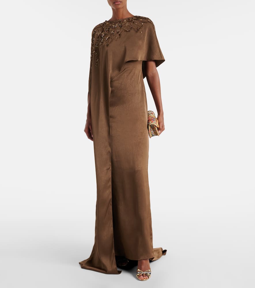 Marmar Halim Embellished Caped Draped Gown In Brown