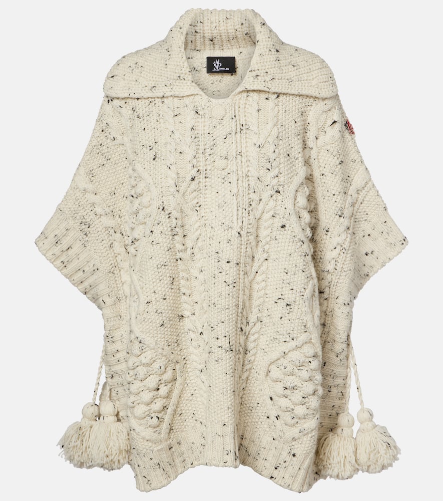 Moncler Wool Blend Tassel Cape In Neutral