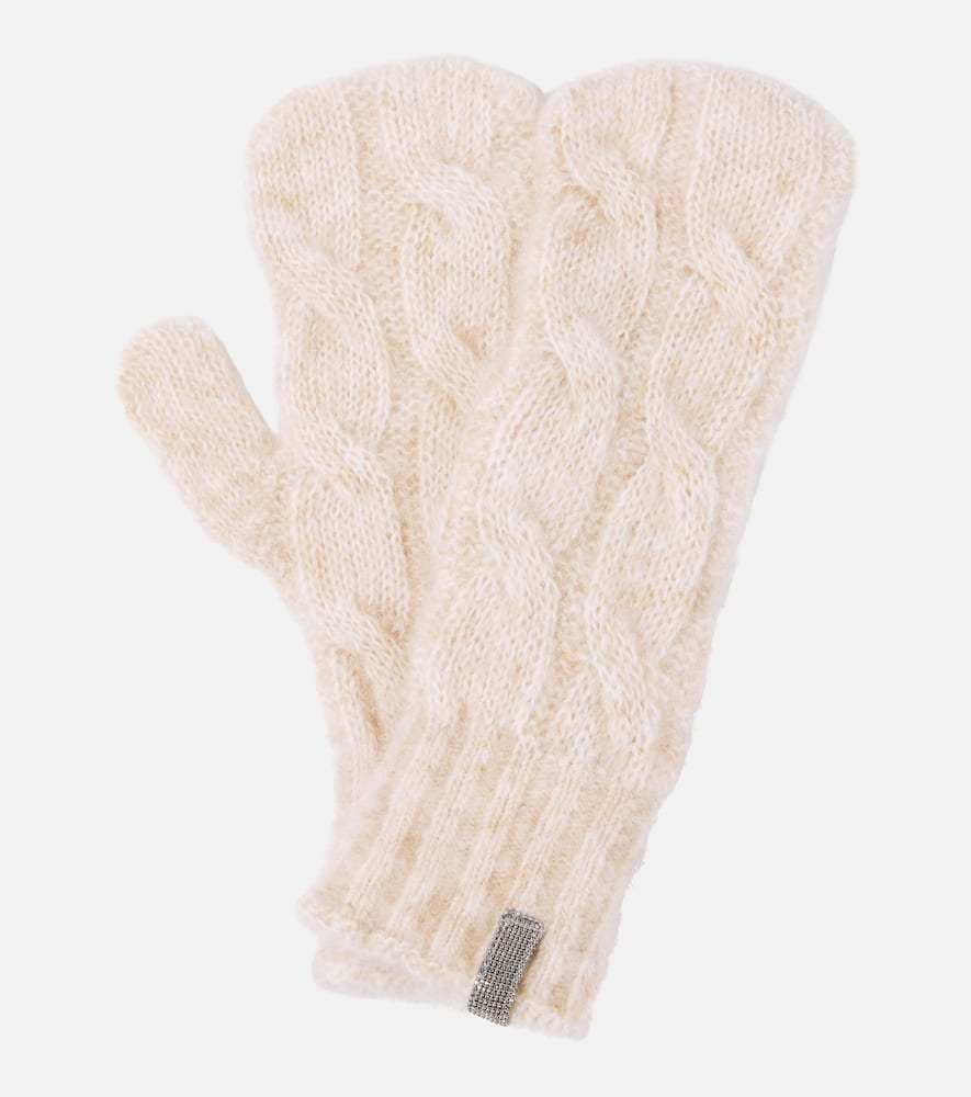 Embellished cable-knit wool gloves