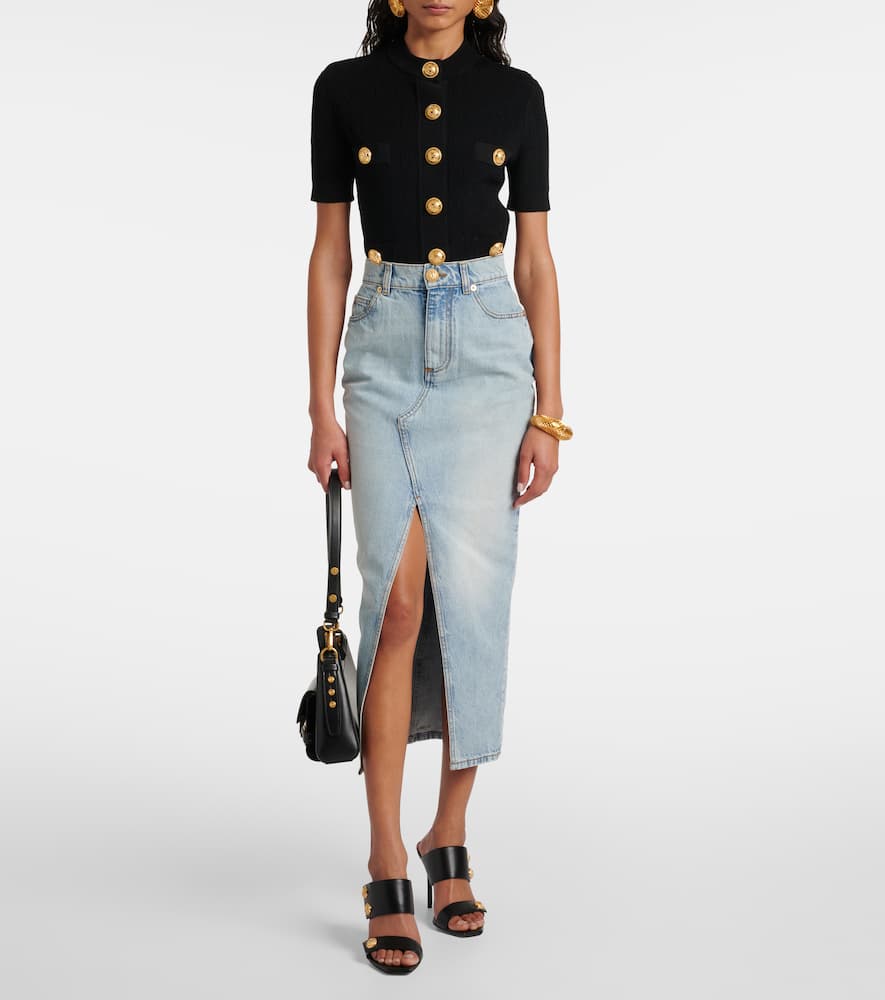 Balmain Midi Denim Skirt With Slit In Blue