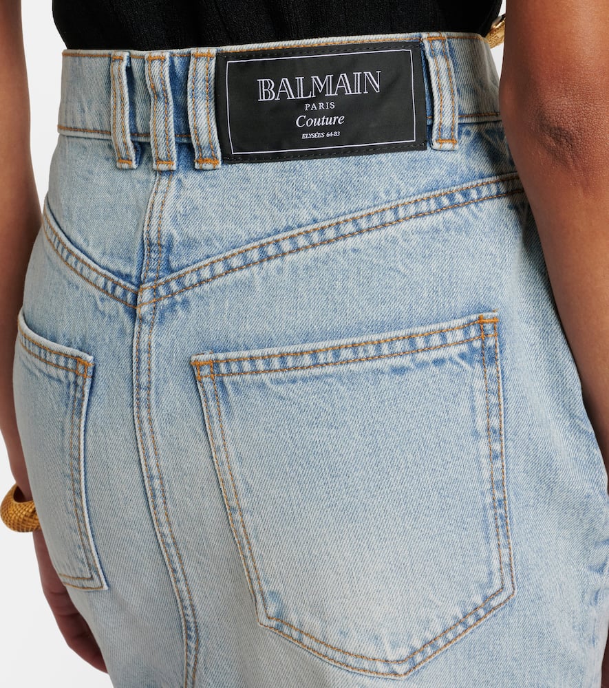 Balmain Midi Denim Skirt With Slit In Blue