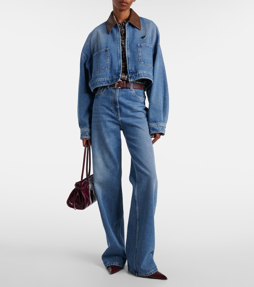  Prada Prada Leather-trimmed Cropped Denim Jacket 