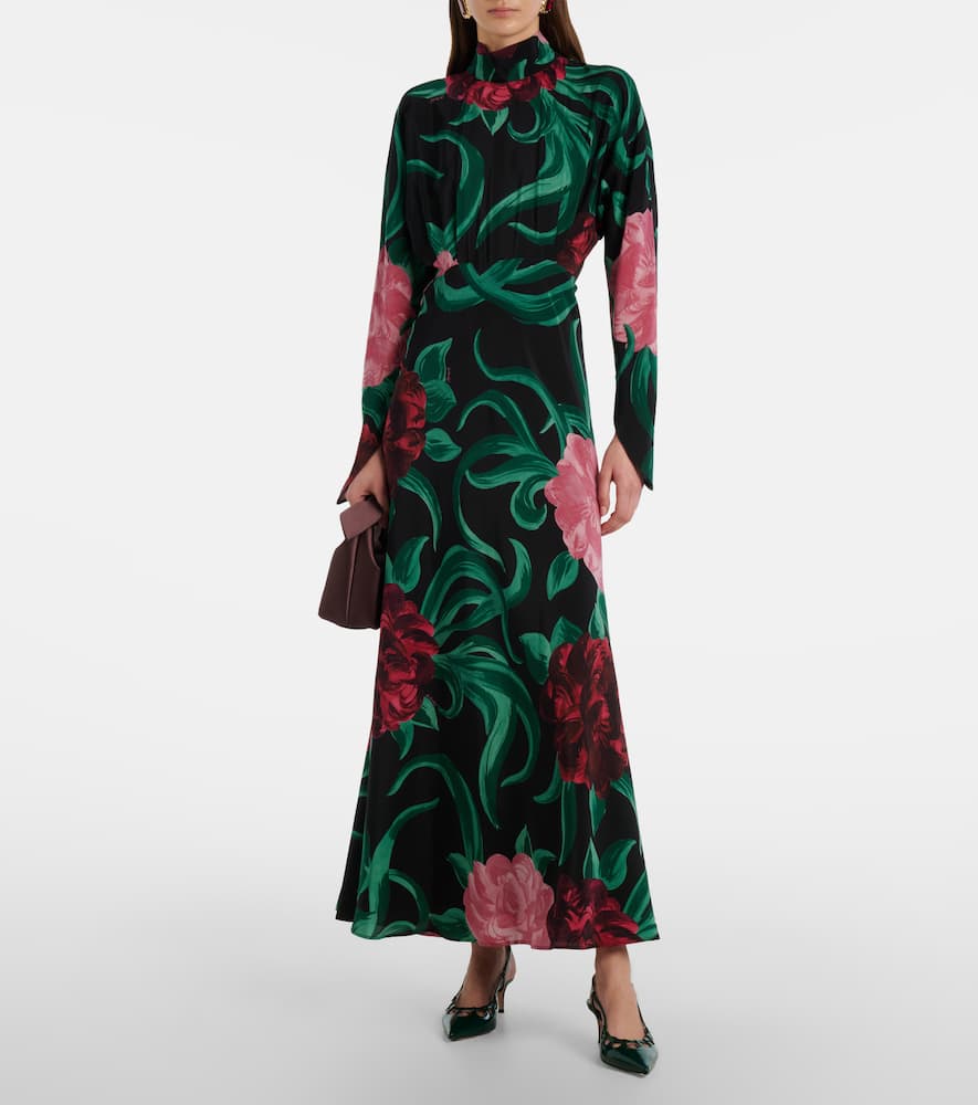 La Doublej Gilda Floral Silk Midi Dress In Black