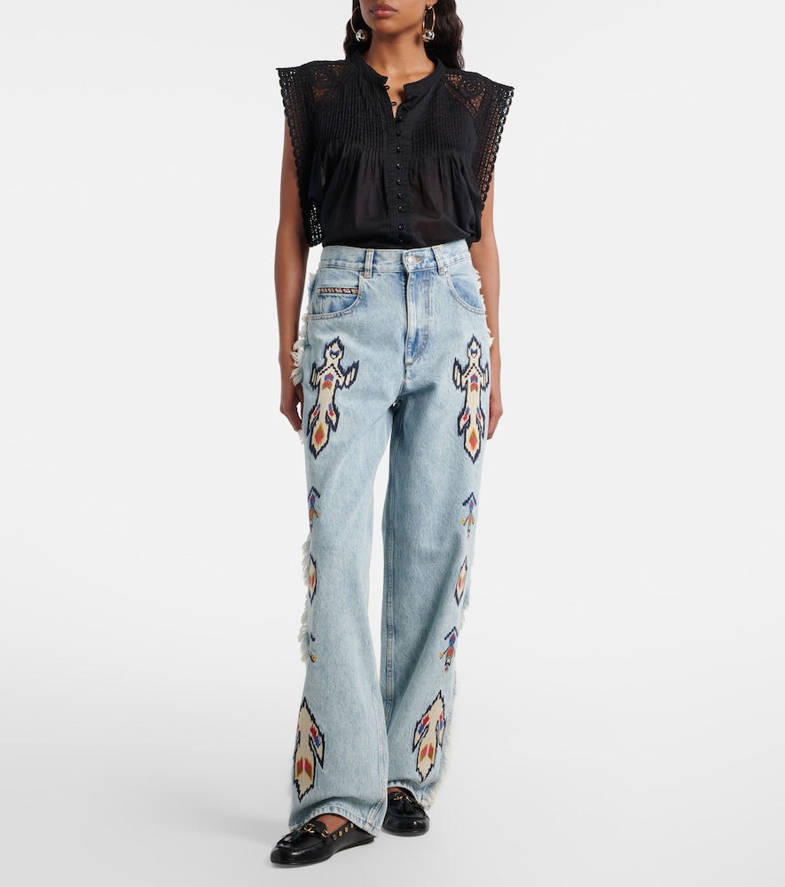 Maella Embroidered Fringed Straight Jeans