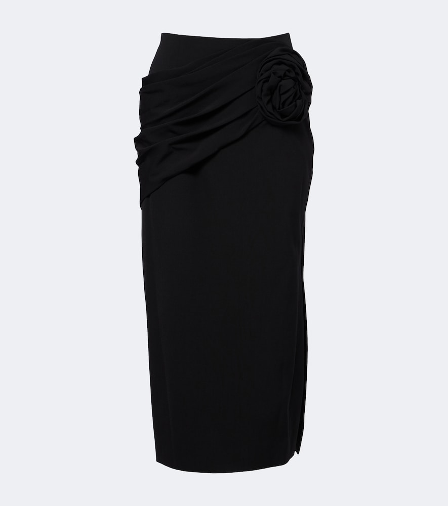 Carolina Herrera Floral Applique Wool-blend Midi Skirt In Black