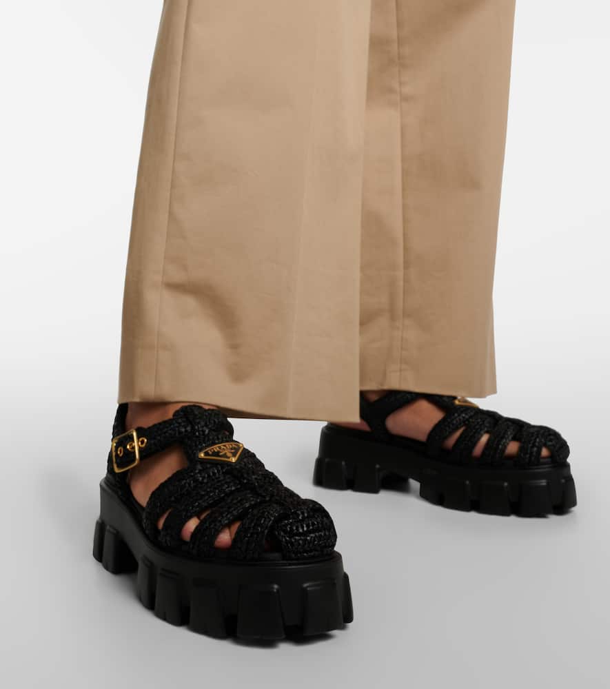 Prada Monolith Crochet Cage Sandals In Black