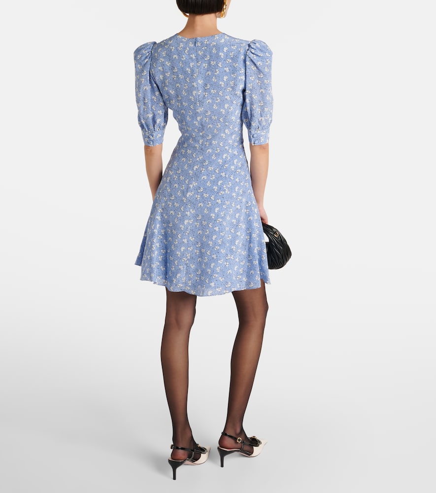Alessandra Rich Bow-detailed Floral-print Silk-crepe Mini Dress In Blue