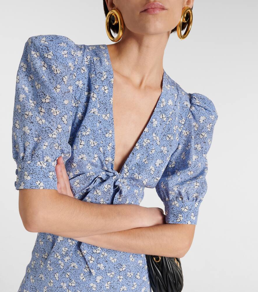 Alessandra Rich Bow-detailed Floral-print Silk-crepe Mini Dress In Blue