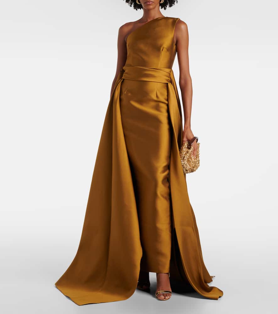 Solace London Charo One-shoulder Twill Gown In Gold