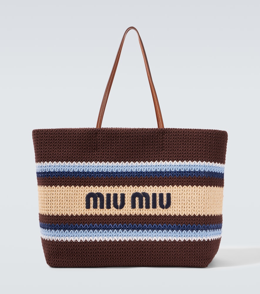 Miu Miu Miu Miu Logo striped raffia-effect shopper　ミュウミュウ ロゴ ストライプ ラフィア風ショッパー