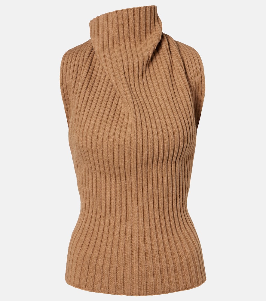 Victoria Beckham Draped Ribbed-knit Wool-blend Top In Brown