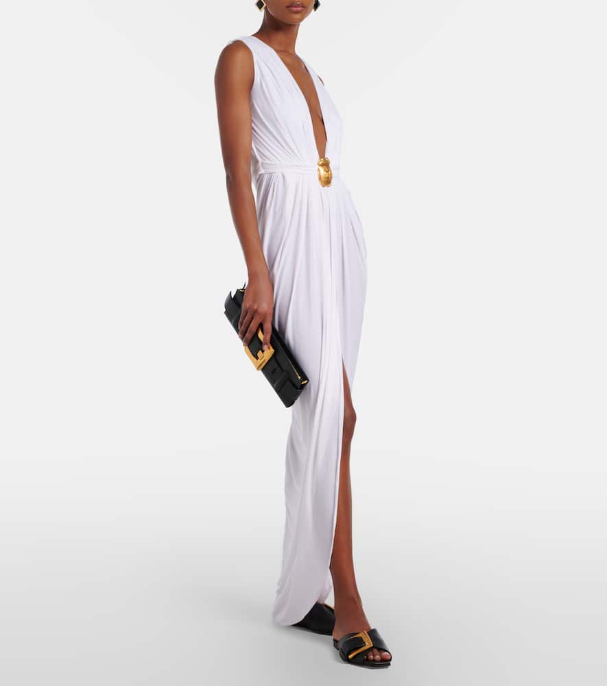 Balmain Embellished Jersey Maxi Dress In White