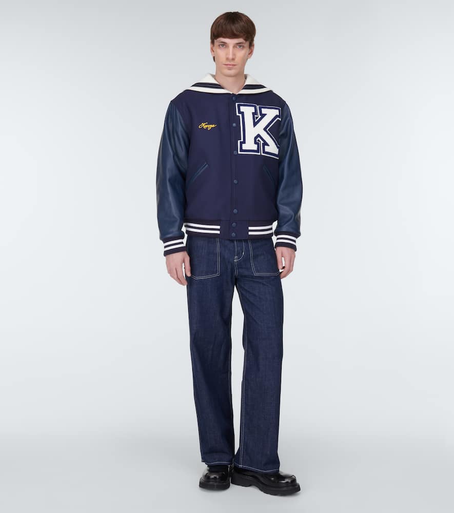 Shop Kenzo Sailor Varsity Leather-paneled Varsity Jacket In Midnight Blue