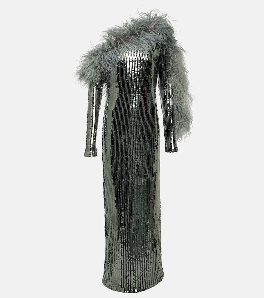 Garbo Disco feather-trimmed sequined gown