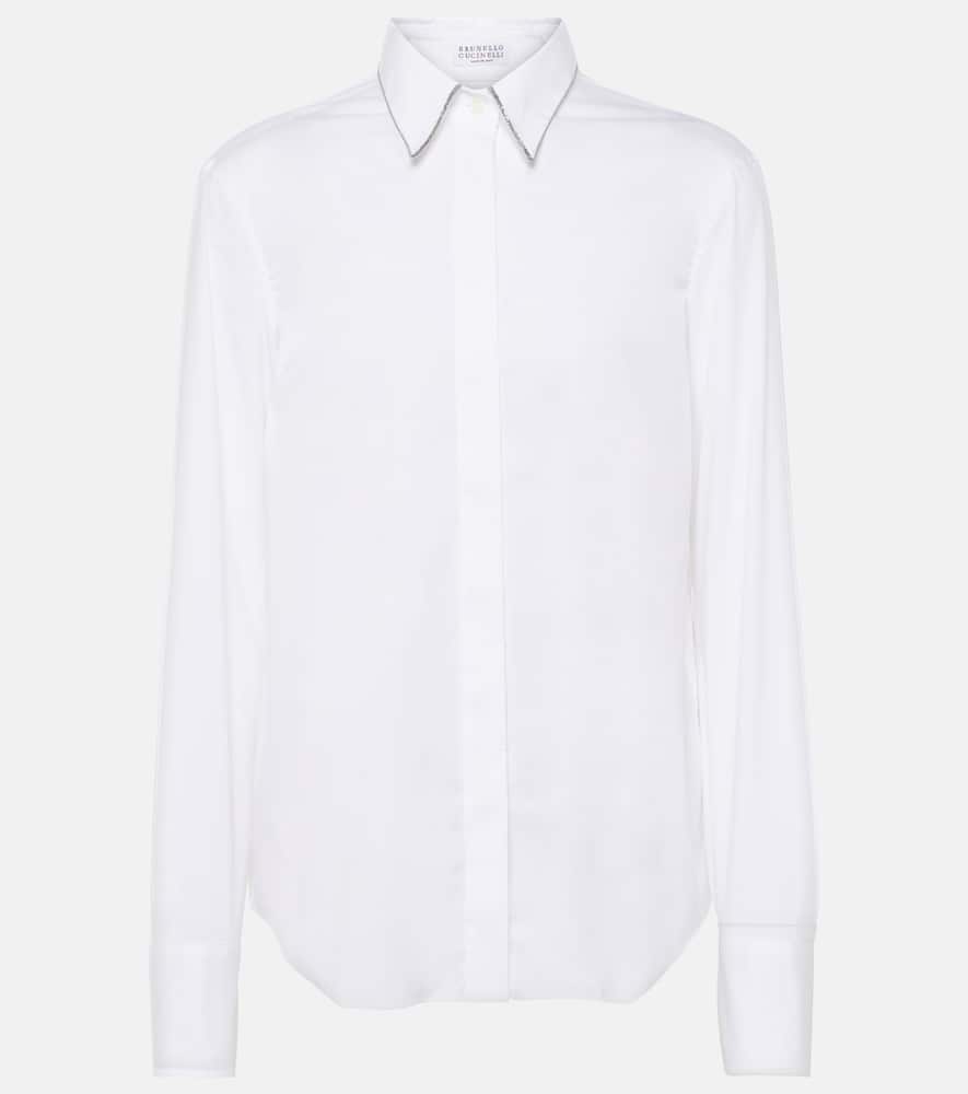 Brunello Cucinelli White Shirt With Pointed Collar And Monil Detail On The Collar In Cotton Blend Woman In Bianco