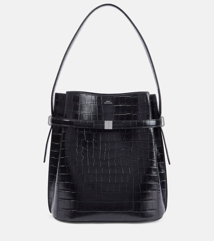 Totême Belted Medium Croc-effect Leather Tote Bag In Black