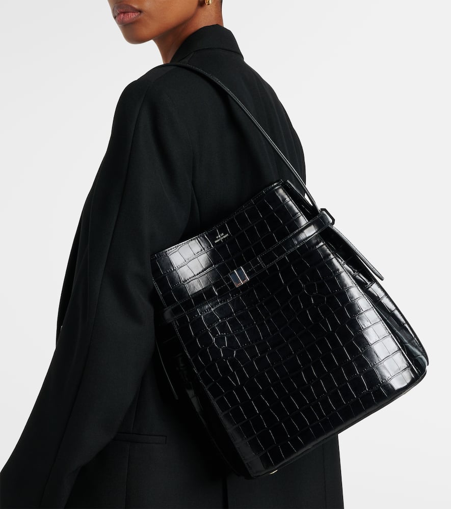 Totême Belted Medium Croc-effect Leather Tote Bag In Black
