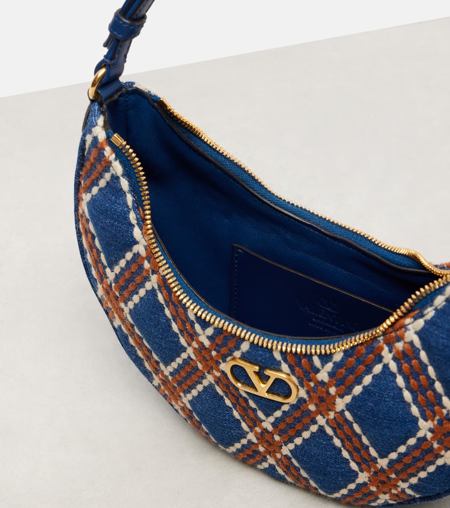【VALENTINO】 Quiltie 67 embroidered denim pouch Valentino Garavani Quiltie 67 Embroidered Denim Shoulder Bag