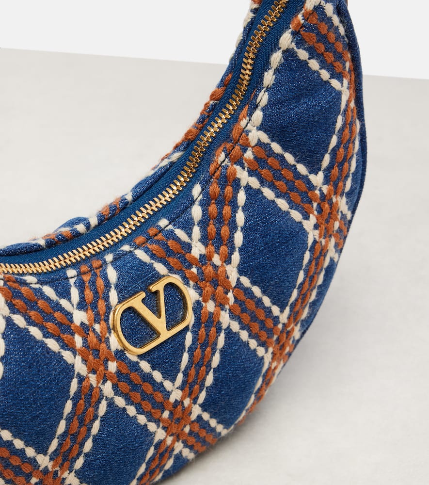 【VALENTINO】 Quiltie 67 embroidered denim pouch Valentino Garavani Quiltie 67 Embroidered Denim Shoulder Bag