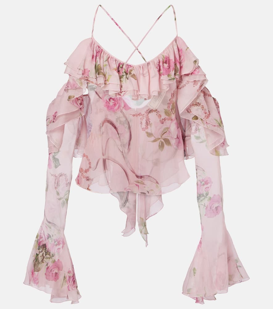 Ruffle-trimmed floral silk top