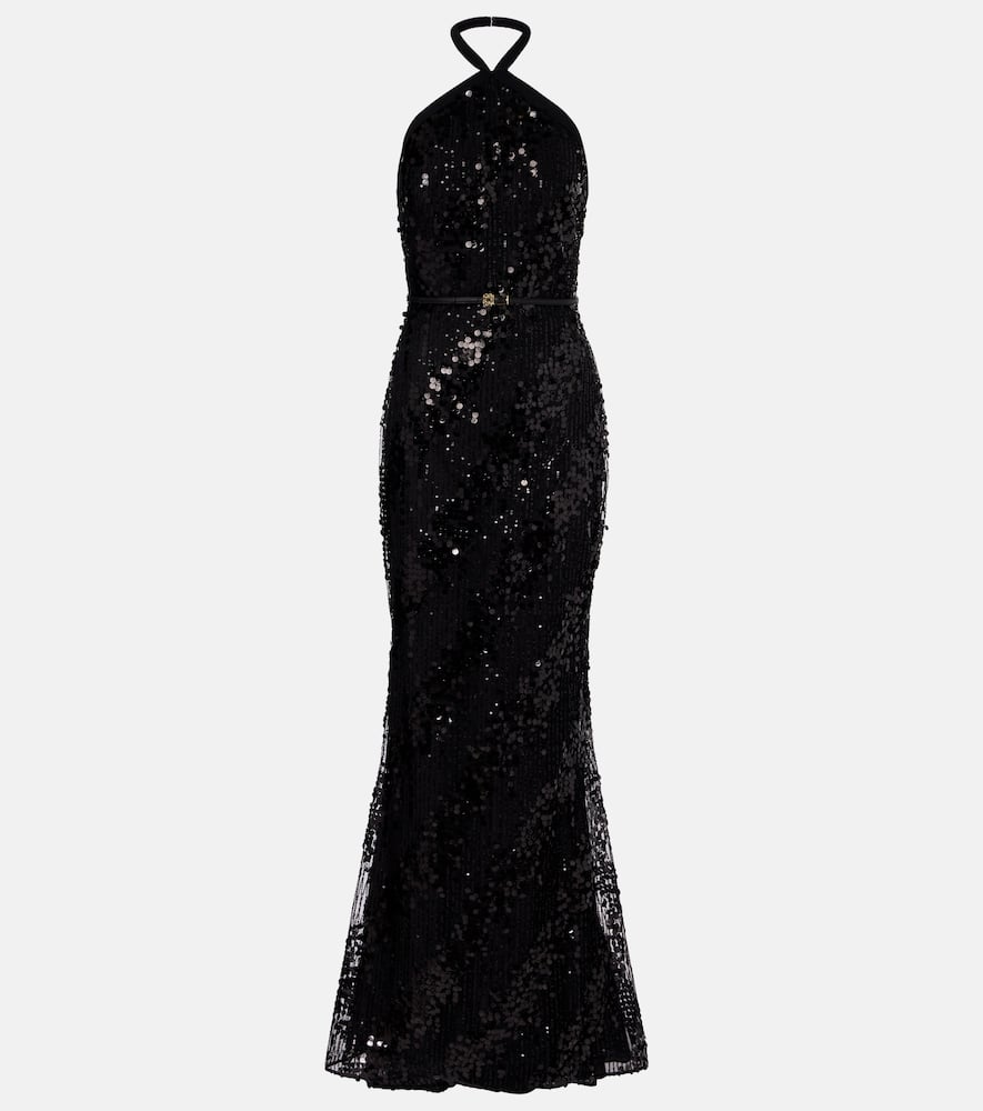 Sequined halterneck silk-blend gown