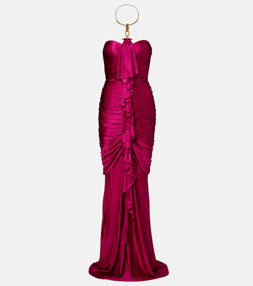 Balmain Women's Pink Draped Ruffled Satin Bustier Gown UK Size 14 - Mytheresa
