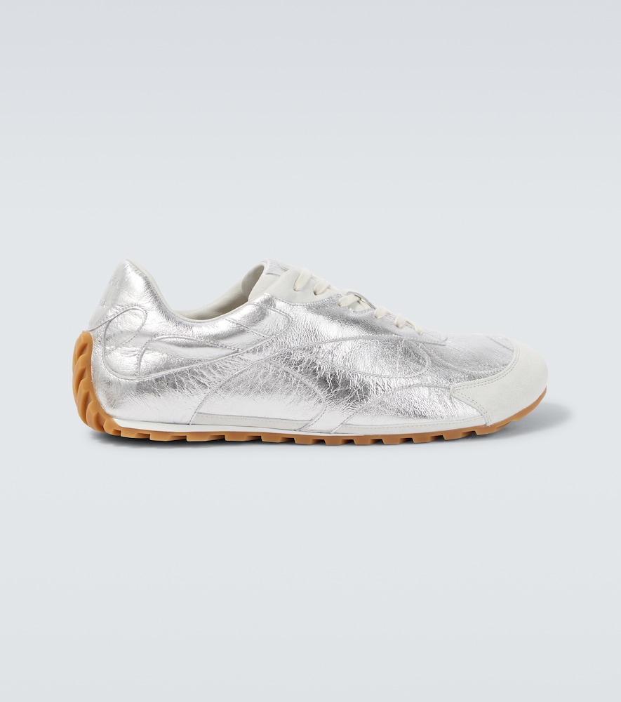 Bottega Veneta Orbit Flash Suede-trimmed Metallic Leather Sneakers In Silver