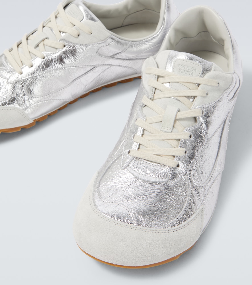 Bottega Veneta Orbit Flash Suede-trimmed Metallic Leather Sneakers In Silver