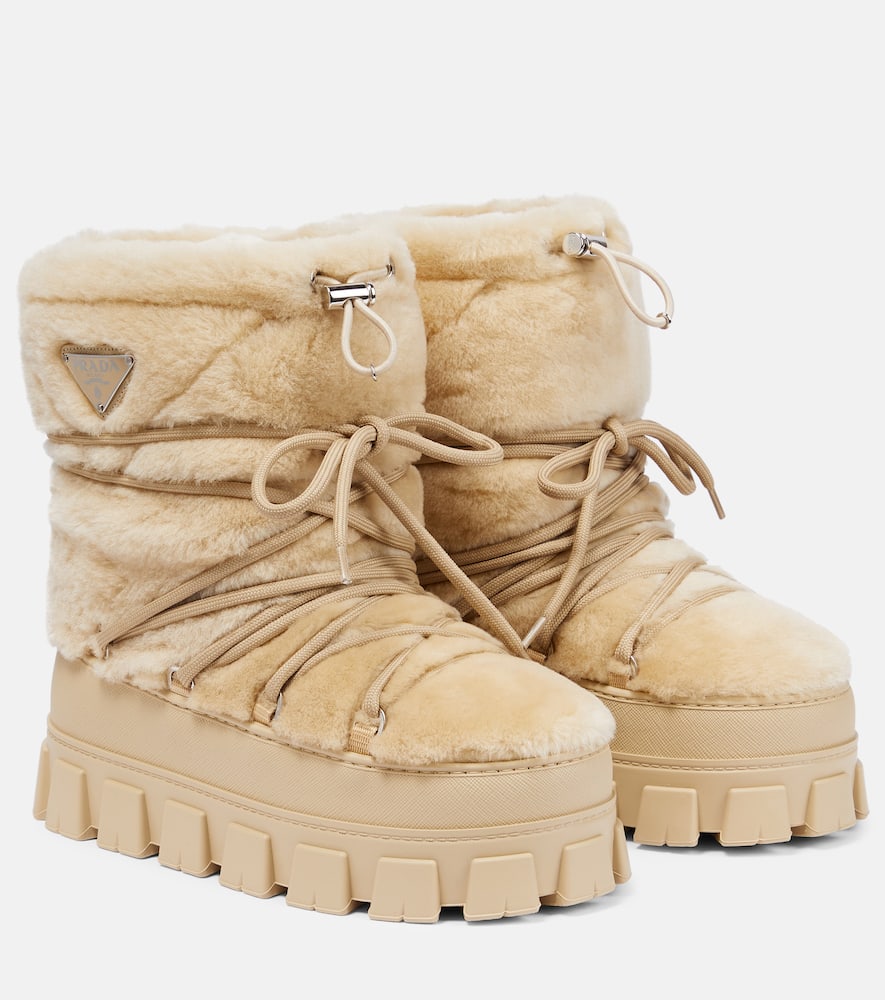 Prada Shearling And Leather Snow Boots In Brown