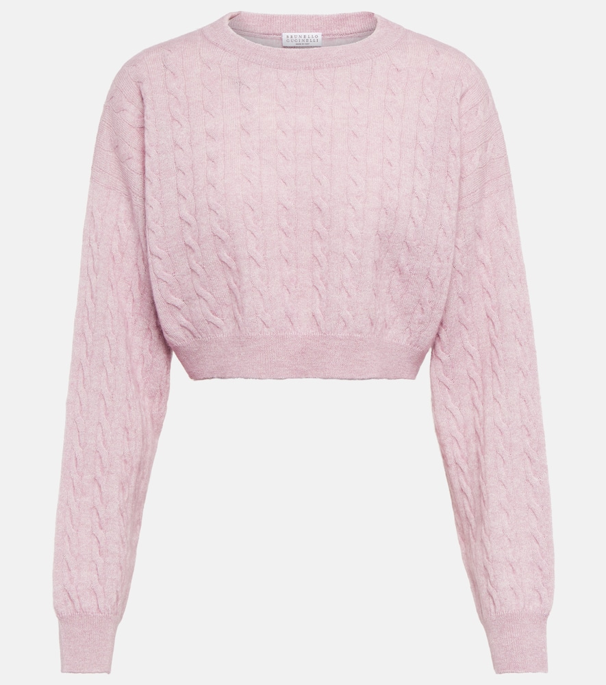 Brunello Cucinelli Cable-knit Alpaca Wool And Cotton Cropped Sweater In Grey Pink