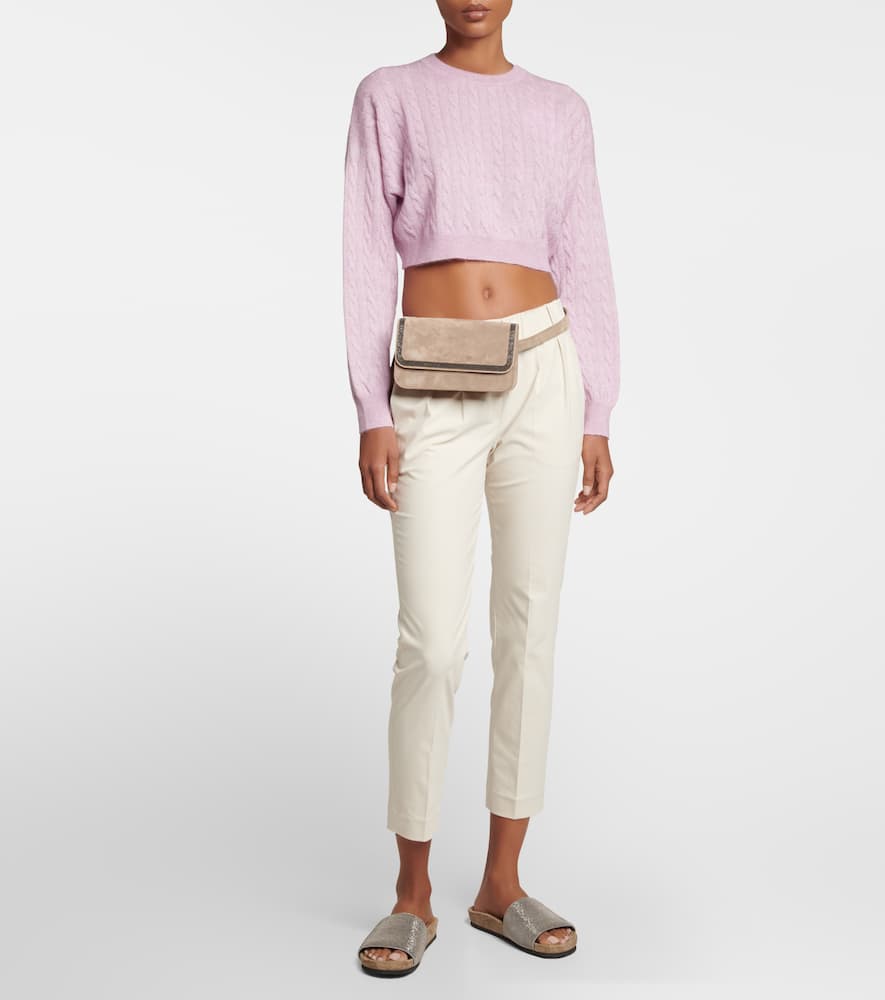 Shop Brunello Cucinelli Cable-knit Alpaca Wool And Cotton Cropped Sweater In Grey Pink