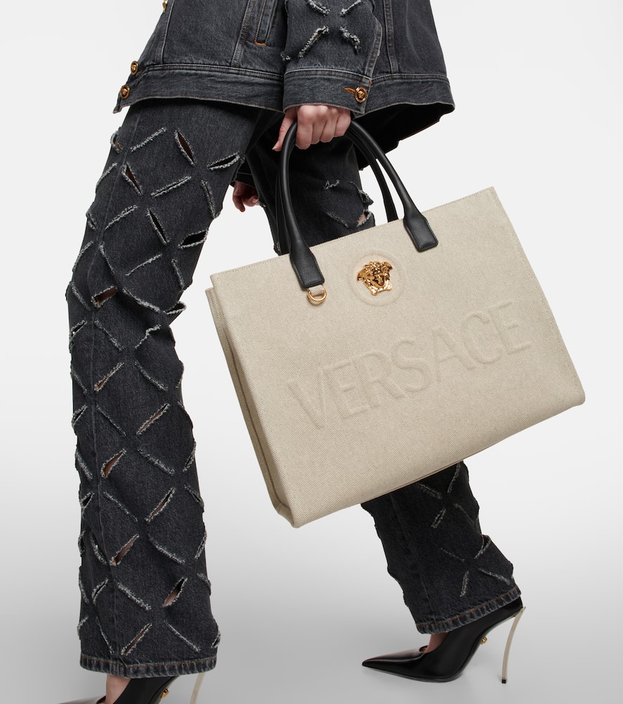 Shop Versace La Medusa Canvas Tote Bag In Rope/black  Gold