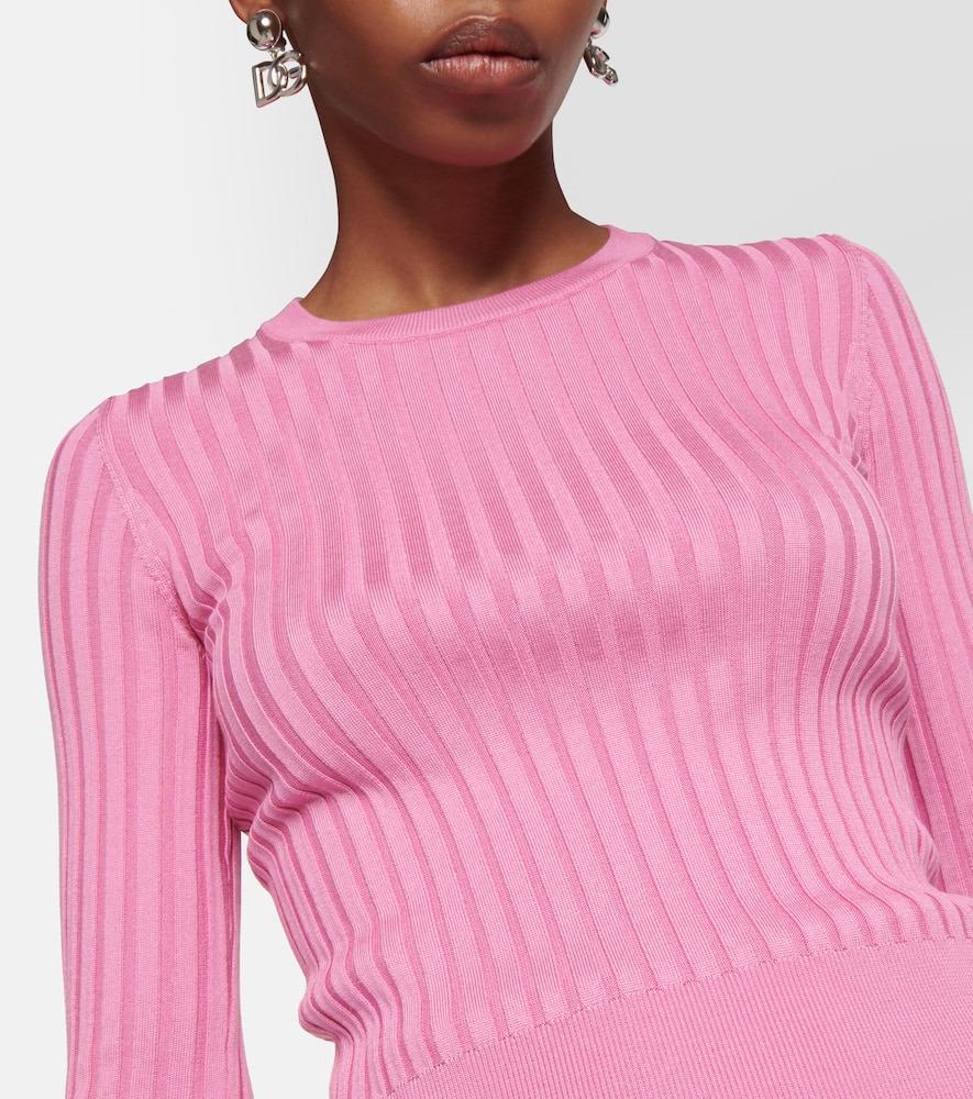 Shop Dolce & Gabbana Dg Ribbed-knit Silk Cropped Sweater In Pink