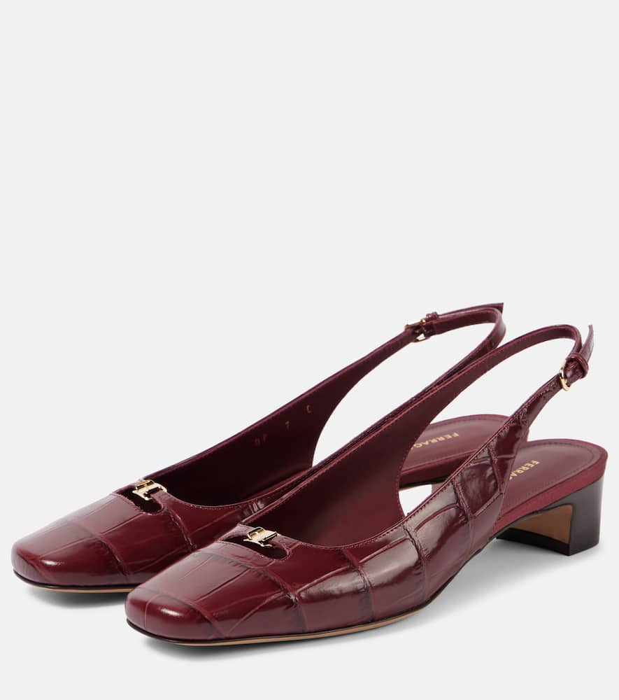 Ferragamo Croc-effect Leather Slingback Pumps In Burgundy