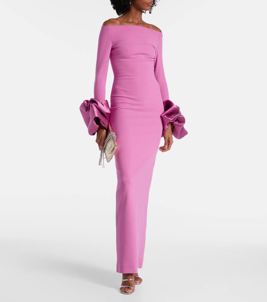Solace London Talia Pink Long Dress With Bare Shoulders And Sleeves With Ruffles In Twill Woman In Pink