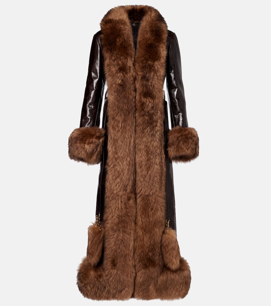 Chloé Lamb Shearling-trim Shiny Leather Long Coat In Brown