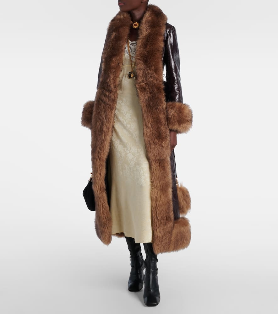Chloé Lamb Shearling-trim Shiny Leather Long Coat In Brown