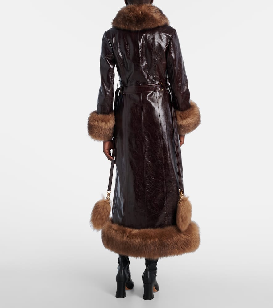 Chloé Lamb Shearling-trim Shiny Leather Long Coat In Brown