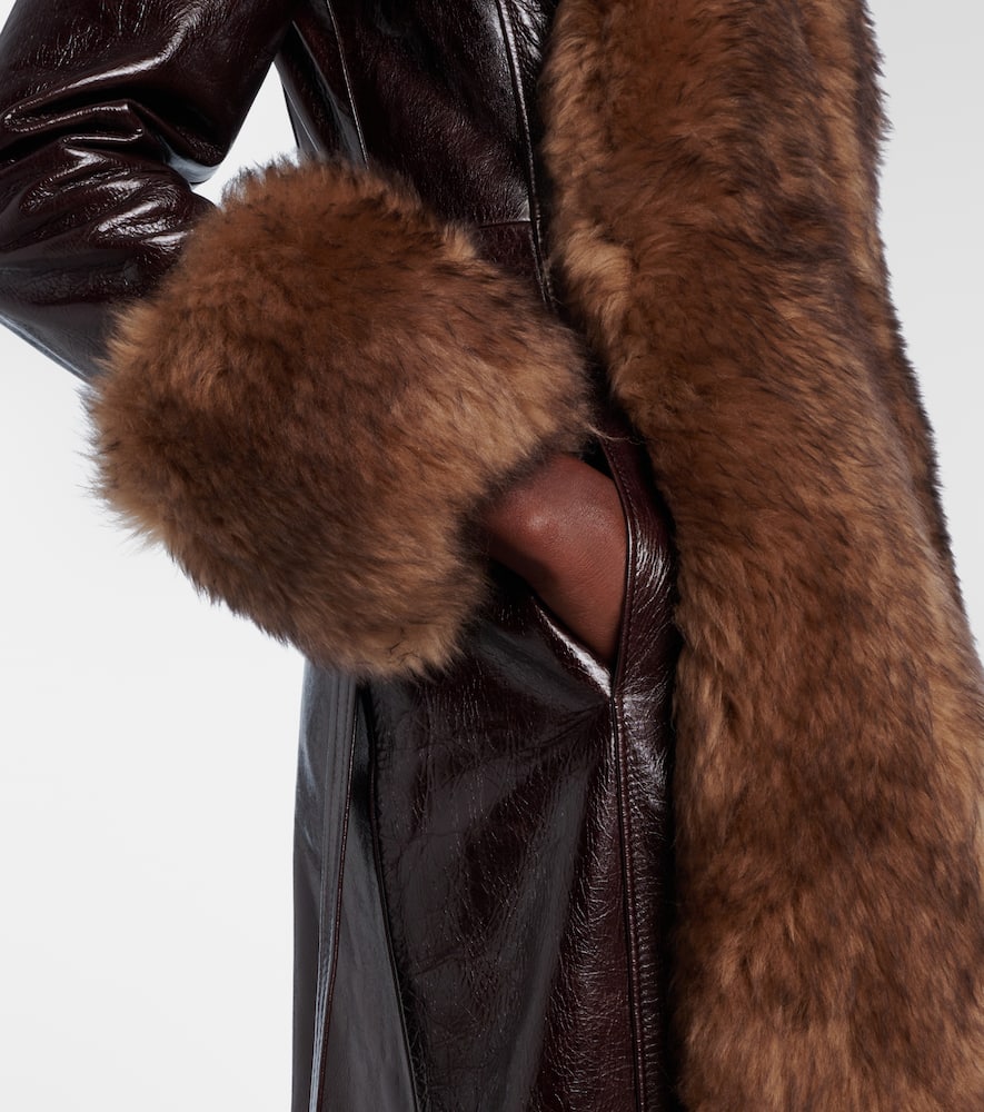 Chloé Lamb Shearling-trim Shiny Leather Long Coat In Brown