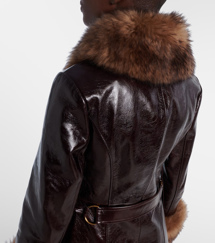 Chloé Lamb Shearling-trim Shiny Leather Long Coat In Brown