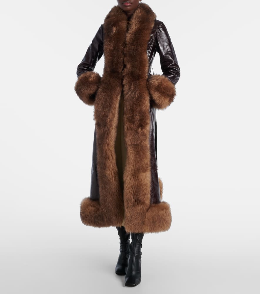 Chloé Lamb Shearling-trim Shiny Leather Long Coat In Brown