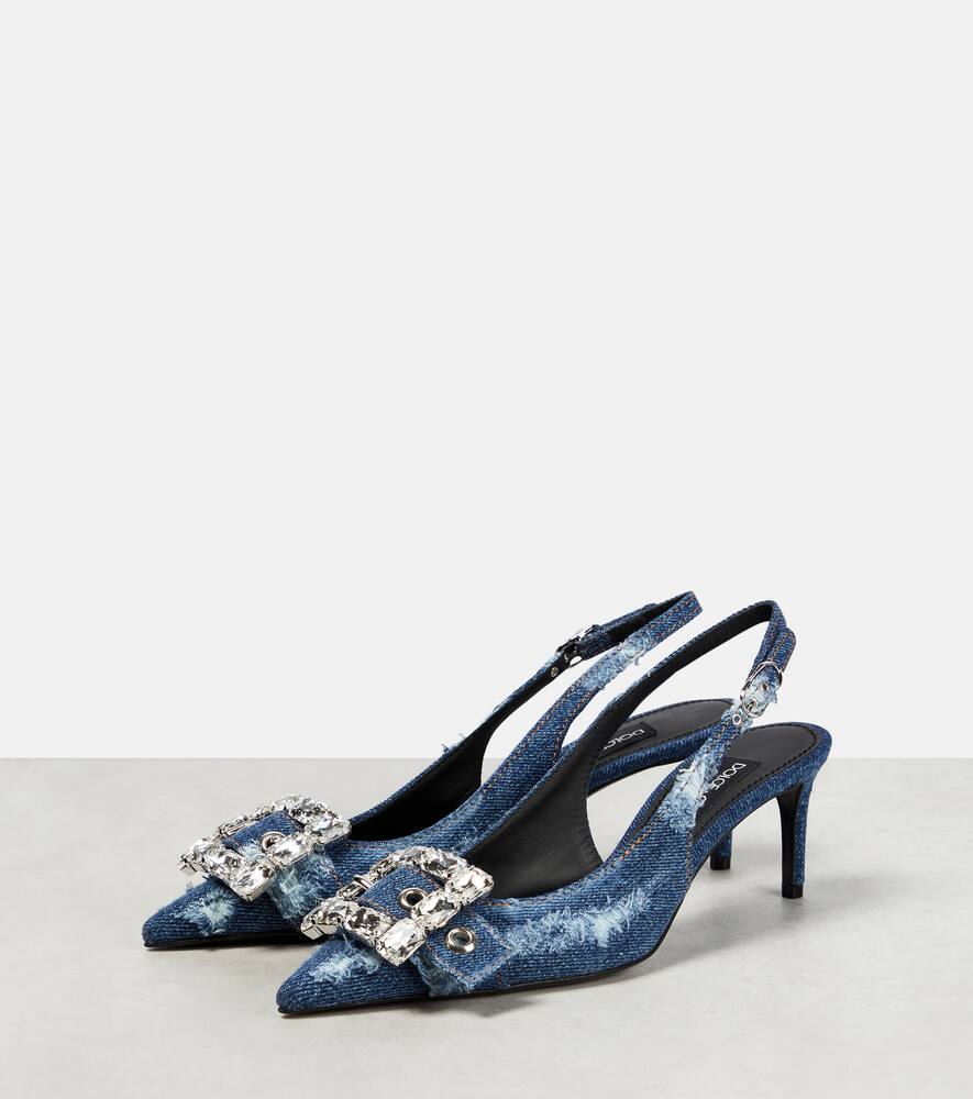 Shop Dolce & Gabbana Embellished Denim Slingback Pumps In Cobalto Scuro