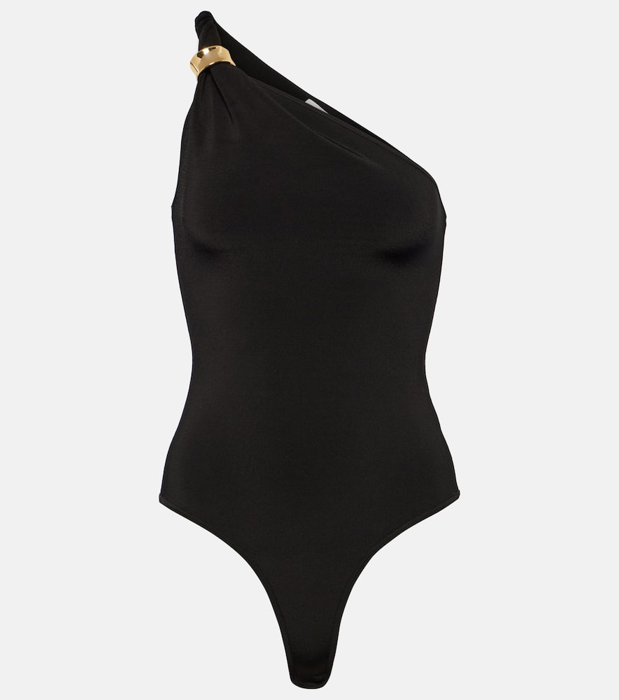 Galvan Leticia One-shoulder Embellished Ribbed Stretch-jersey Bodysuit In Black