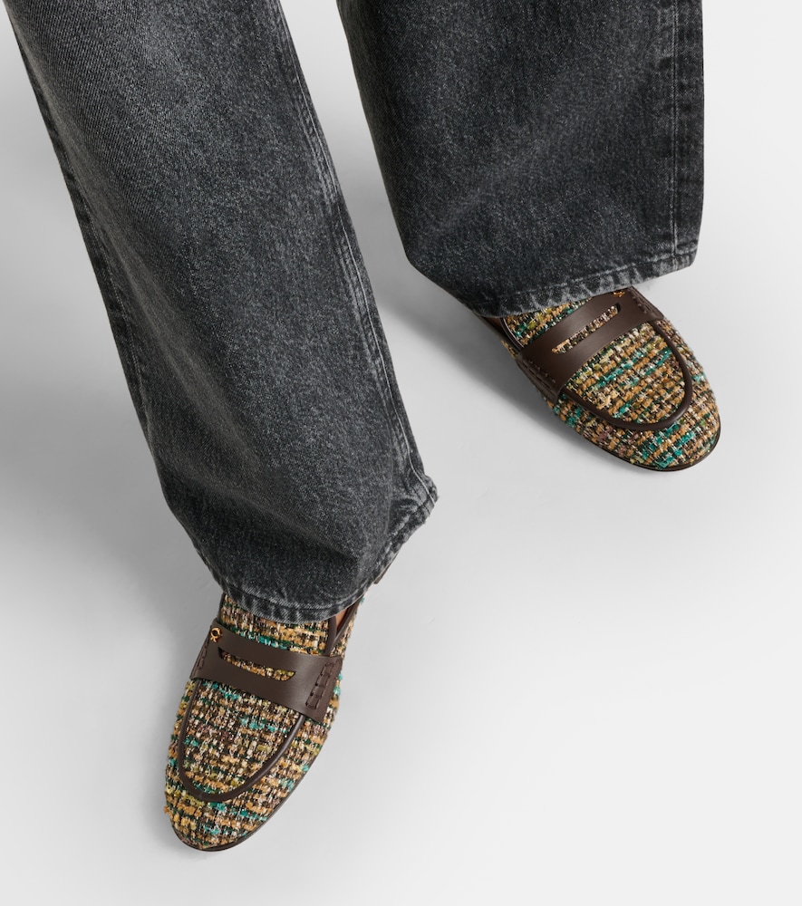 Leather-Trimmed Bouclé Mules