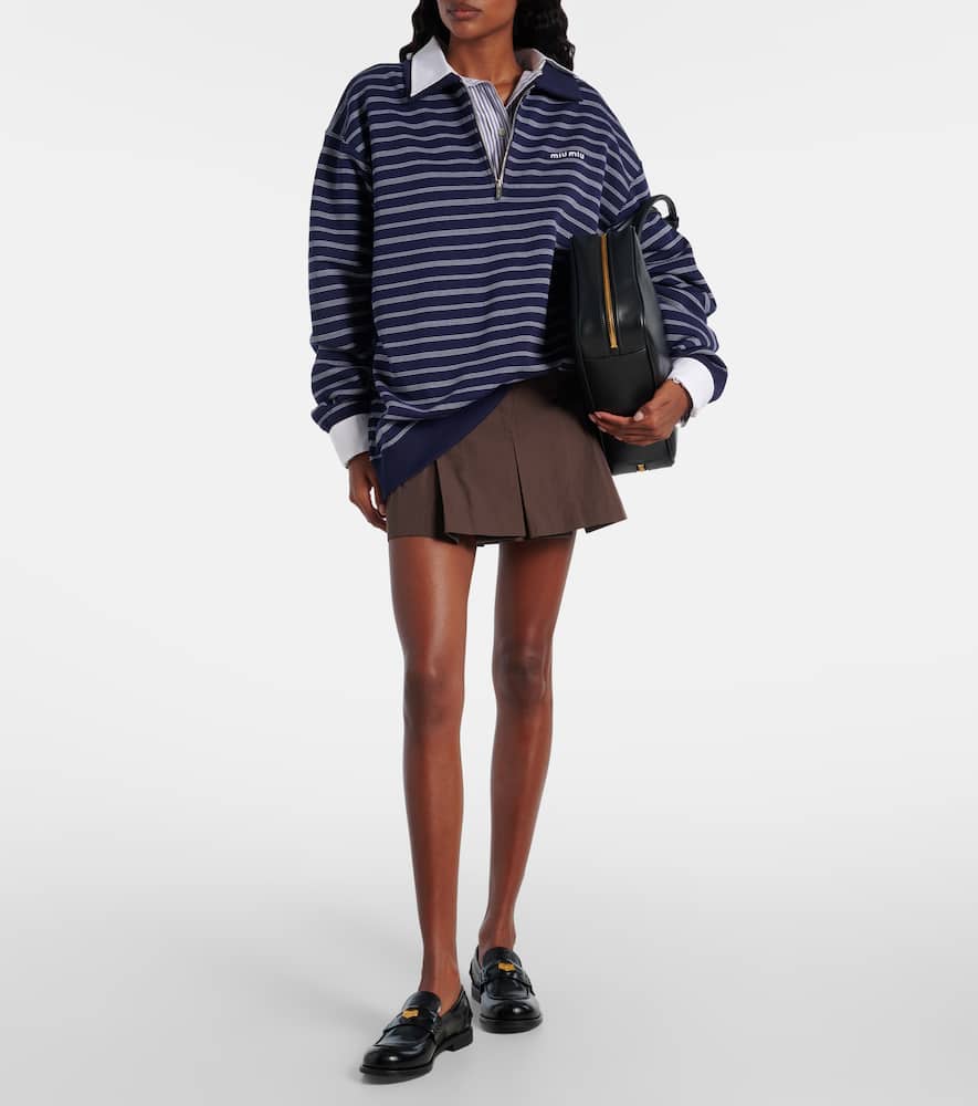 Miu Miu Striped Cotton Sweatshirt With Pointed Collar In Blue